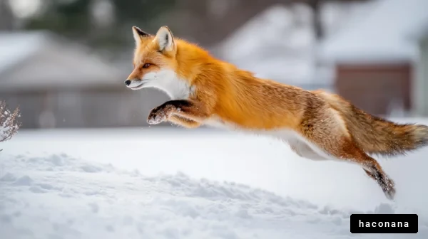 雪の中で跳ねるキツネ