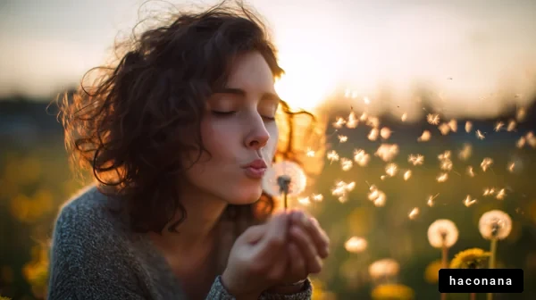 タンポポの種を吹く少女