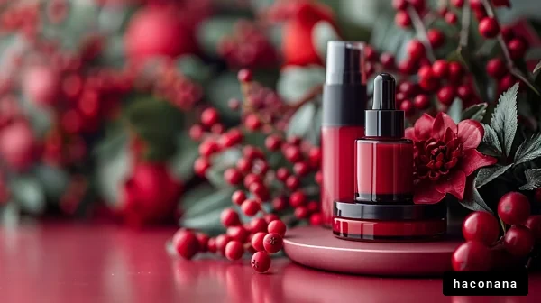 深紅のコスメ製品と花