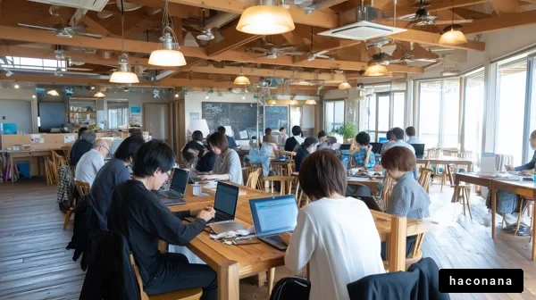 カフェで作業する人々