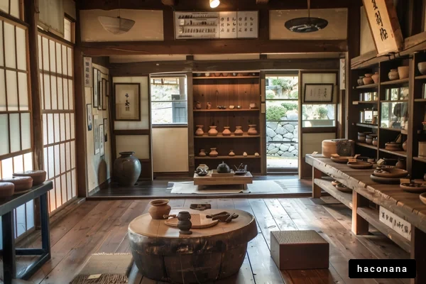 和風の陶器が並ぶ室内