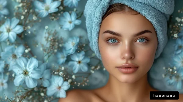 青い花と女性のポートレート