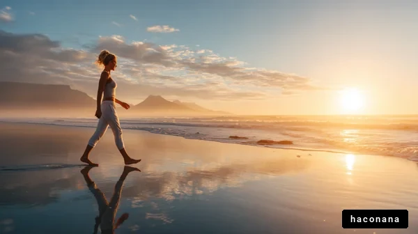 夕焼けの海辺を歩く女性