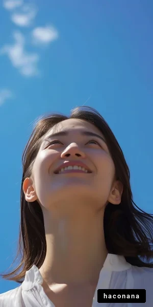 青空を見上げる笑顔の女性
