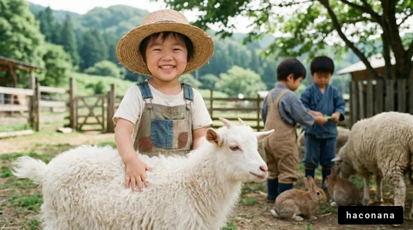 牧場で動物と遊ぶ子供