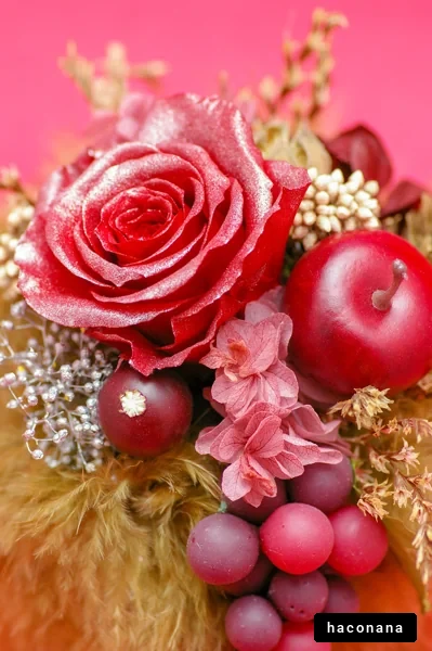 赤い花と果物のアレンジ