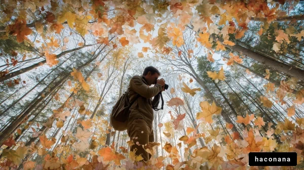 秋の森で撮影する姿