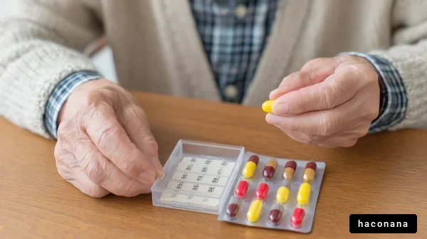 薬を手に持つ高齢者