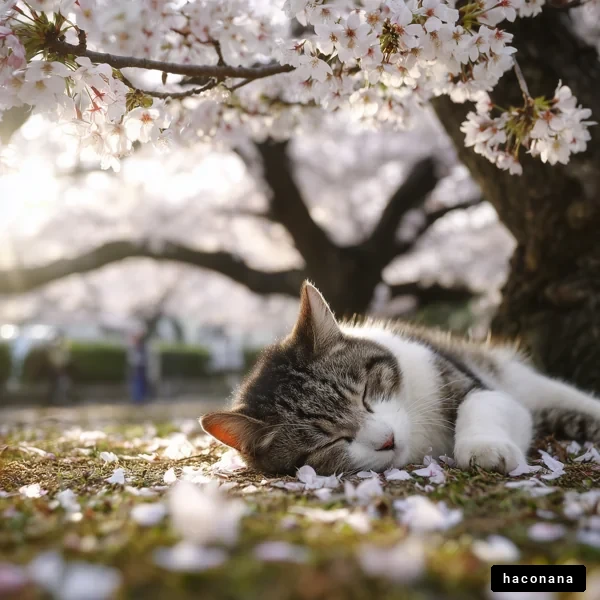 桜の下で寝る猫