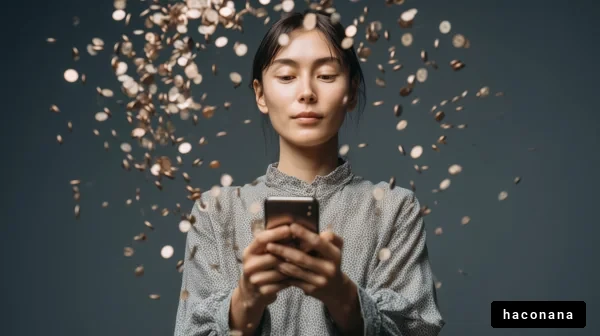 スマホを持つ女性とコイン