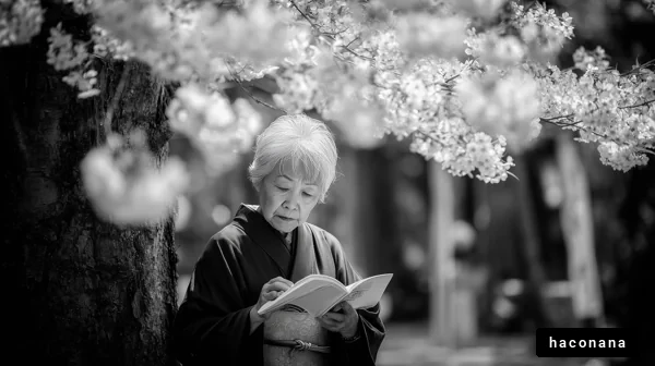 桜の下で本を読む女性