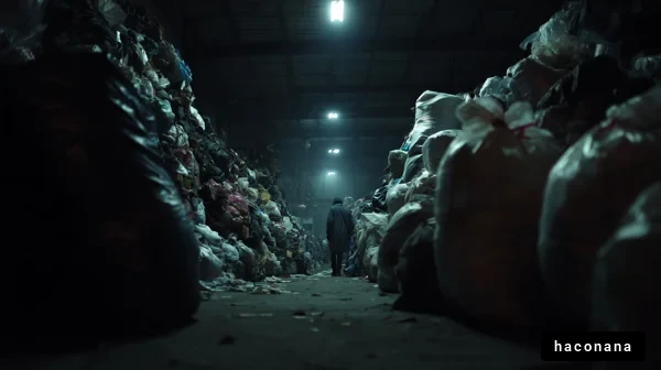 廃棄物の山に立つ人