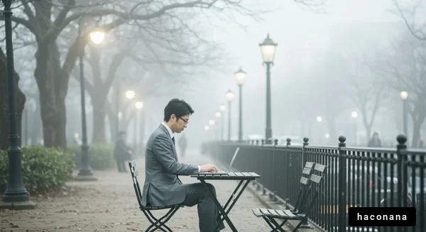 霧の中で働く男性