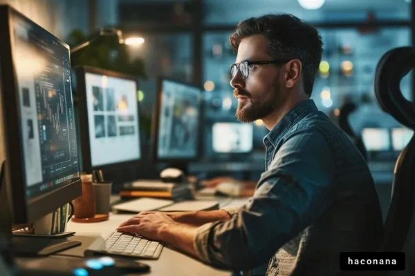 夜のオフィスでの作業