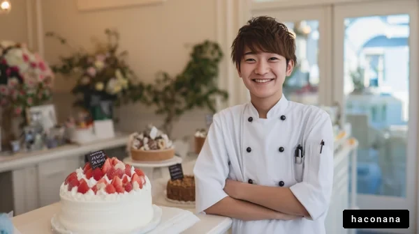 笑顔のパティシエとケーキ