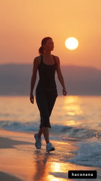 夕日と海辺を歩く女性