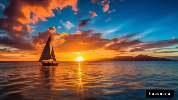 美しい夕陽と帆船