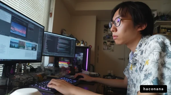 パソコン作業をする青年