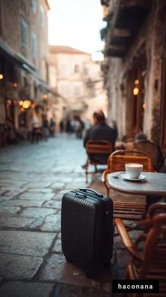 カフェにあるスーツケースとコーヒー
