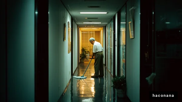 廊下を掃除する高齢者