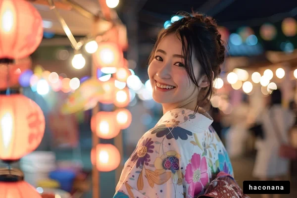 夜の祭りと浴衣の女性