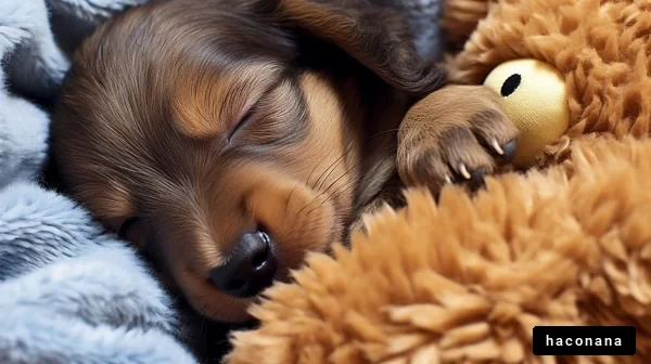 眠る子犬とぬいぐるみ