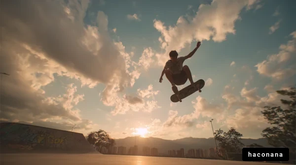 夕暮れのスケートボード選手