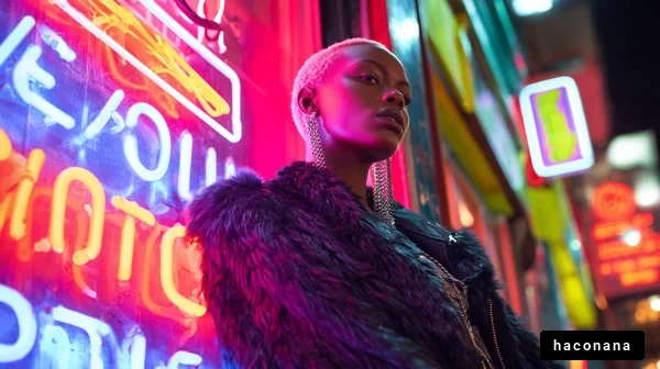 ネオンの下で輝く女性