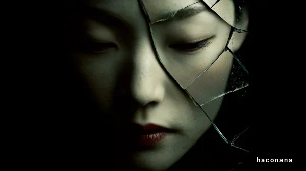 壊れた鏡の前の女性