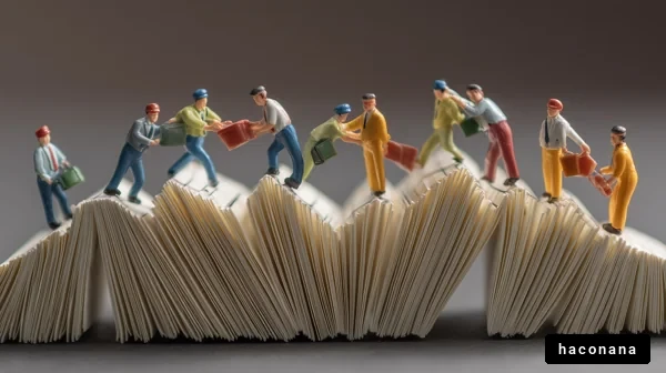 本の上で働く人々