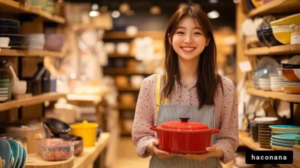 キッチン用品を持つ女性