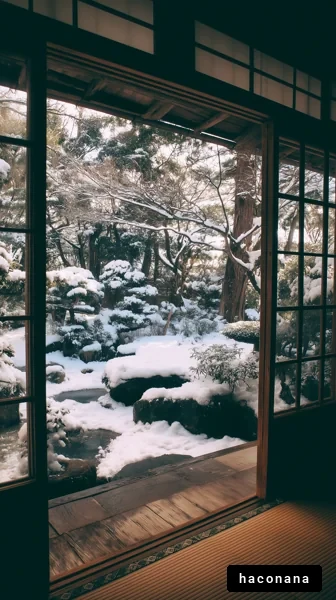 雪が降る日本庭園の景色
