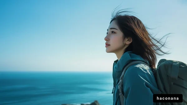 海辺での旅人の姿