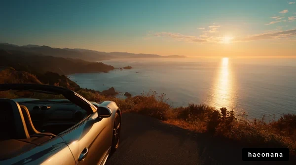 海沿いの夕日と車