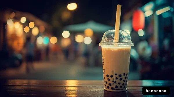 夜のバブルティーと街の風景