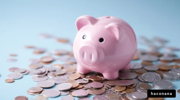 貯金箱とコインの写真