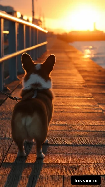 夕暮れ時の犬の散歩