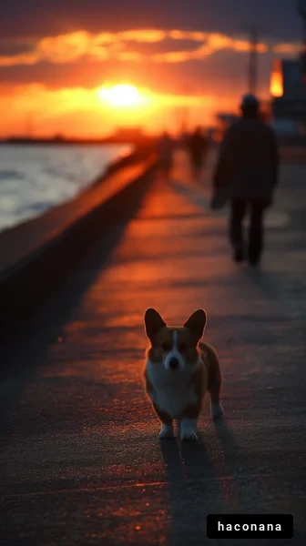 夕焼けの中の犬
