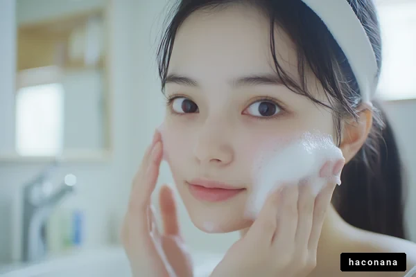 洗顔中の若い女性