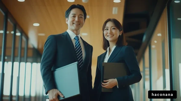 ビジネスシーンで微笑む男女