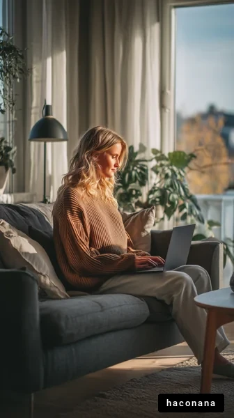 リビングで働く女性