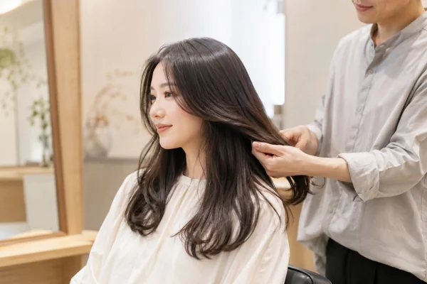 美容室でヘアセットをする女性