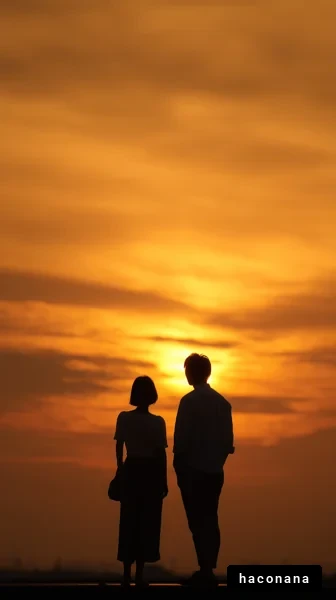 夕日を背にした二人のシルエット