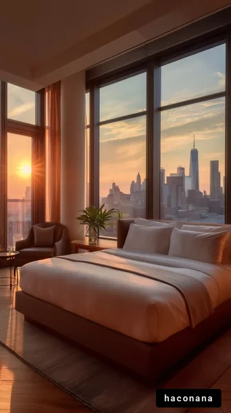 朝焼けの豪華なベッドルーム