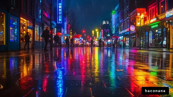 雨の街並みとネオン