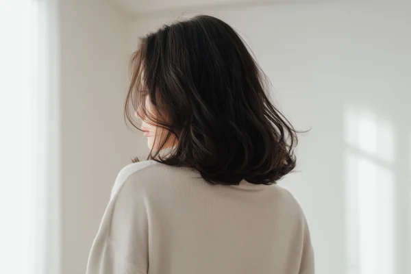 後ろ姿の女性とナチュラルな室内