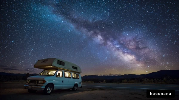 星空とキャンピングカーの夜景