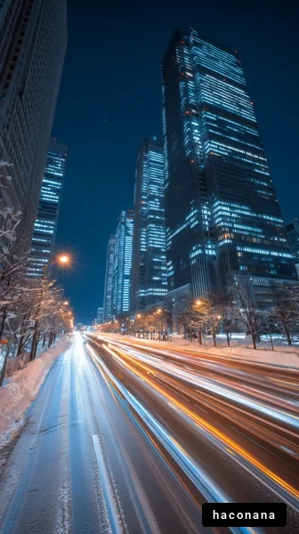 雪に覆われた都会の夜景