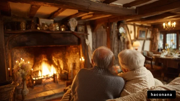 暖かい fireplace でくつろぐ老夫婦