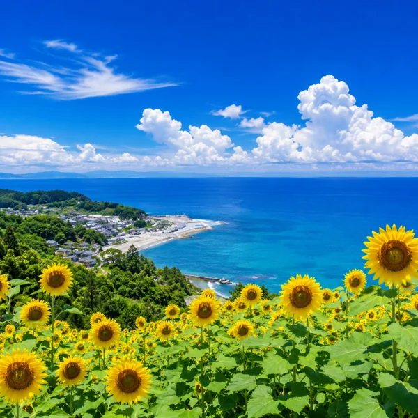 ひまわり畑と青い海の夏景色